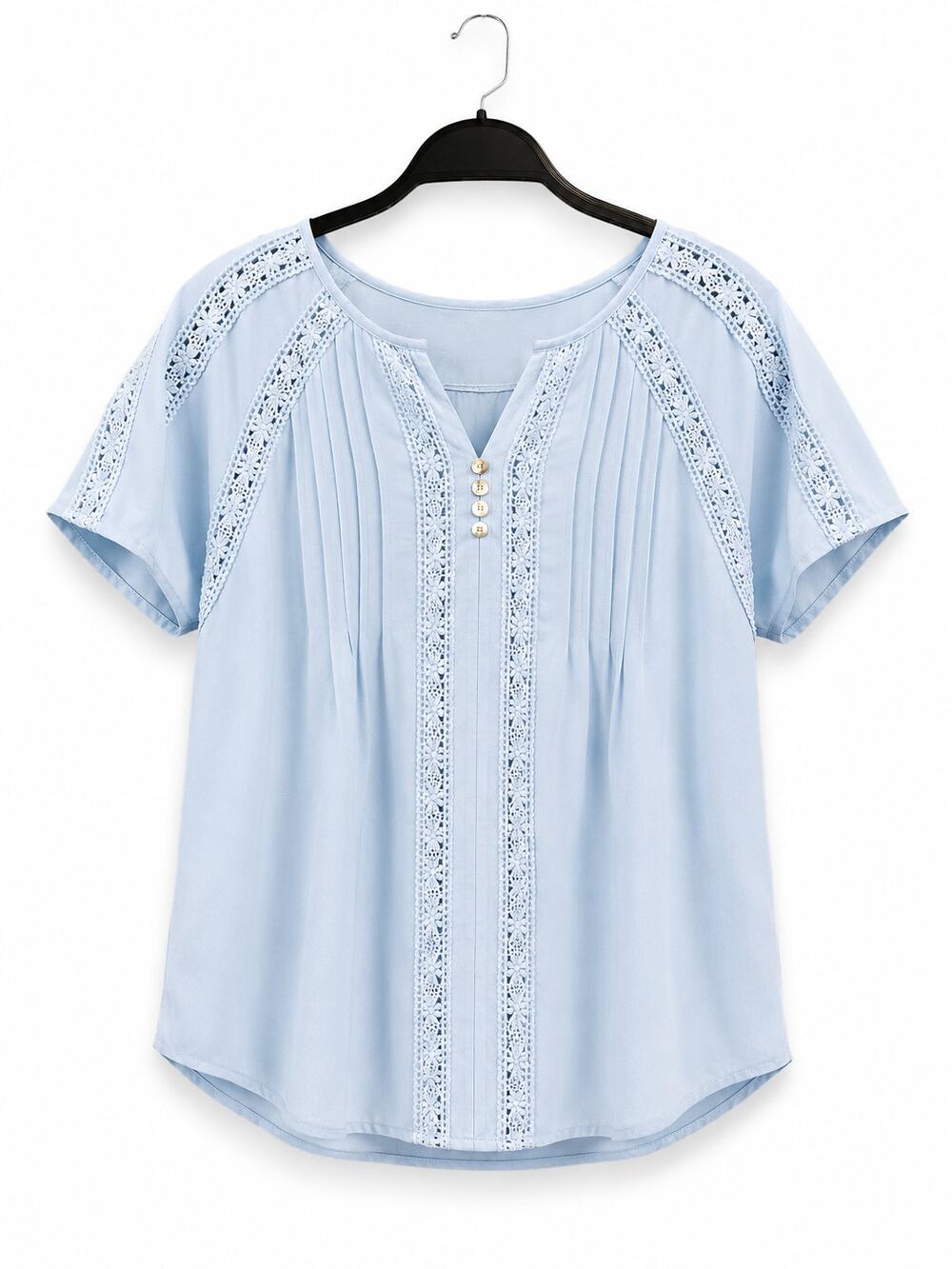 DOKOTOO Womens Small Light Blue Lace Trim Blouse Short Sleeve Pintuck Boho Top